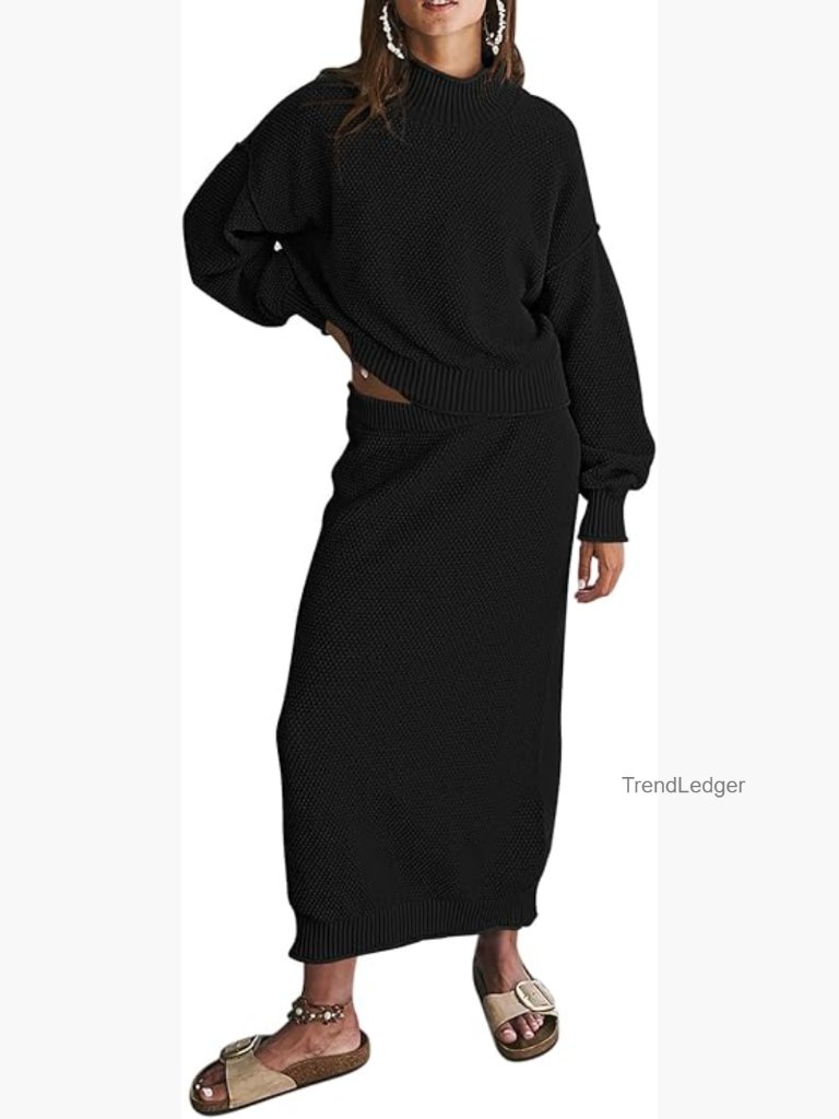 2 Piece Sweater Set With Maxi Skirt, Mock Neck Top, Bodycon Fit